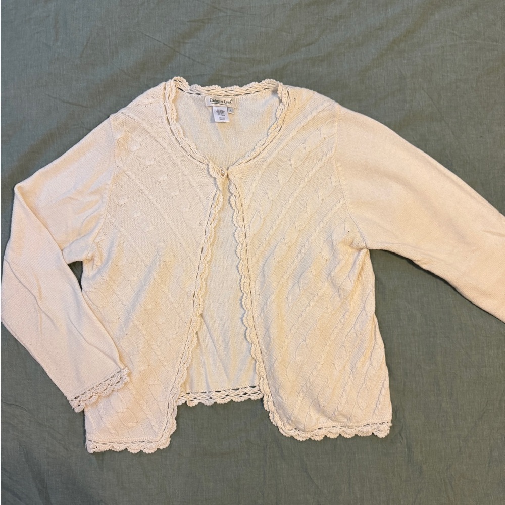 Coldwater Creek Beaded Crochet Trim Cardigan Pearl Button Cable Knit Ivory L - Picture 2 of 12